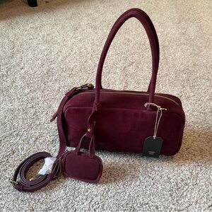 NWT Plum Purple Genuine Leather Suede Handle Crossbody Handbag Purse